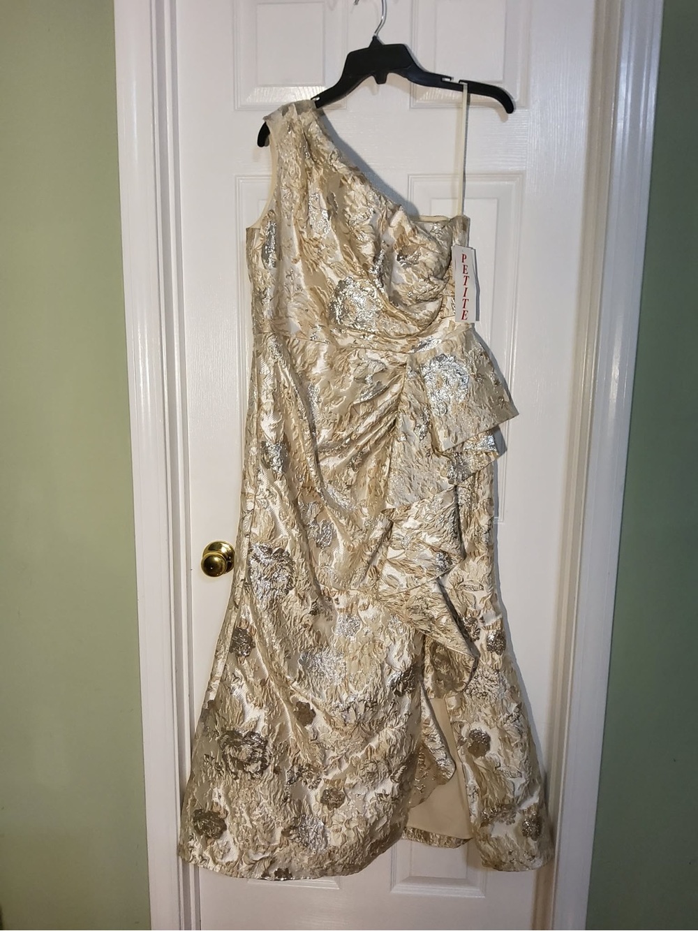 Xscape Metallic Gold Jacquard One-Shoulder Evening Gown